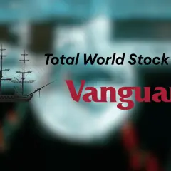 A silhouette of a tall ship sails across a blurred background, with "Total World Stock ETF" and the Vanguard logo.