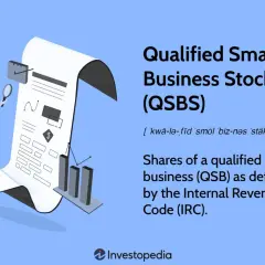 Illustration of a person examining a document about qualified small business stock (QSBS), with charts and a dollar sign.