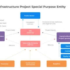 Diagram shows how infrastructure funds flow through a Special Purpose Entity (SPE) involving public sector, debt holders, equity holders, and operating companies.