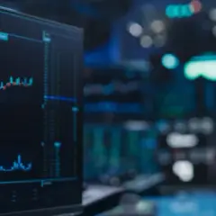 A stock market graph on a screen, with two blurred figures in suits in the background, possibly discussing a Morgan Stanley IPO.