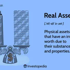 A scale balances two buildings, representing a real asset investment. A dollar sign is on the scale's base.