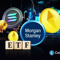 Bitcoin, Ethereum, and Solana coins surround the "Morgan Stanley ETFs" logo, with "ETF" spelled out on wooden blocks.