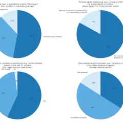 Morgan Stanley ESG survey results: 53% see sustainability as primarily value creation. 83% find measuring ROI for sustainability easy. 57% experienced climate impacts.