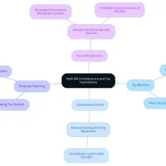 Mind map detailing Roth IRA contributions and tax implications, including contribution limits, tax benefits, and strategic planning for retirement income. The roth ira deadline is a key consideration.