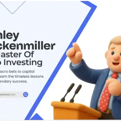 A cartoon of Stan Druckenmiller, the master of macro investing, speaks at a podium.