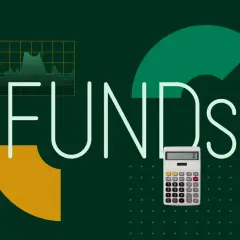 A calculator and a stock chart are shown next to the word "FUNDS," symbolizing investment and financial planning for your vo etf.