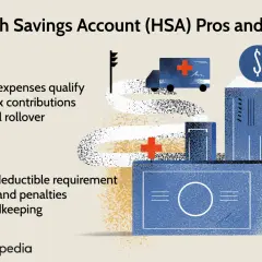 Infographic detailing HSA pros like pre-tax contributions and cons like high-deductible requirements, with a stylized ambulance and money box.