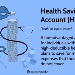 A hand adds a coin to a stack, symbolizing the HSA triple tax advantage. Medical icons surround the money.
