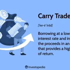 A man carries a stack of coins, symbolizing a carry trade strategy of borrowing low and investing high for profit.