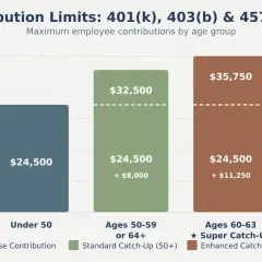 Bar chart shows 401(k), 403(b) contribution limits by age. The 403b max contribution for those 60-63 with enhanced catch-up is $35,750.