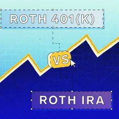 Comparing Roth 401(k) vs. Roth IRA. A rising graph shows growth potential for both retirement savings options.