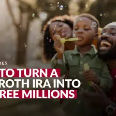 A family enjoys blowing bubbles, with text overlaying the image: "How to Turn a Kid's Roth IRA into Tax-Free Millions.