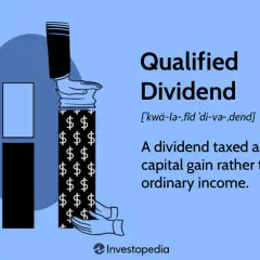 Illustration defining "Qualified Dividend" with dollar signs and a hand holding a column, explaining its favorable tax rate.
