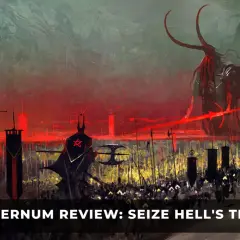A demonic army marches under a blood-red sky in Solium Inc. infernum. A towering demon with horns leads the charge.