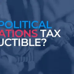 Text overlay asks: ARE POLITICAL DONATIONS TAX DEDUCTIBLE? Blurred background shows two people shaking hands.