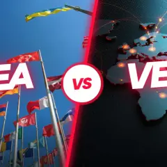Flags of many nations fly under a blue sky, juxtaposed with a world map highlighting continents and connections, with "VEA" and "VEU" text overlays.