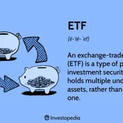 Two piggy banks with coins, connected by arrows, illustrate how ETFs diversify investments, making them a potentially safe way to grow your money.
