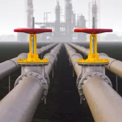 Rows of industrial pipes with red and yellow valves stretch towards a hazy refinery, symbolizing Morgan Stanley infrastructure.