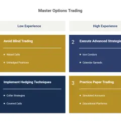 Master Options Trading matrix shows strategies for low/high risk and experience levels. Learn to avoid blind trading, execute advanced strategies, implement hedging, and practice paper trading.
