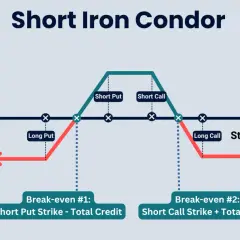 Profit/loss graph for a short iron condor strategy, showing limited profit and loss zones.