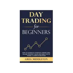 Book cover for "Day Trading for Beginners" by Greg Middleton, featuring a gold line graph on a navy background.