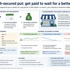 A cash-secured put strategy explained: set aside cash, sell a put option, receive a premium. Example shows buying 100 shares at €45.
