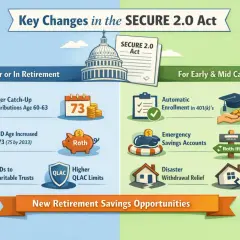 Infographic detailing key changes in the SECURE 2.0 Act, including retirement savings opportunities for different career stages.