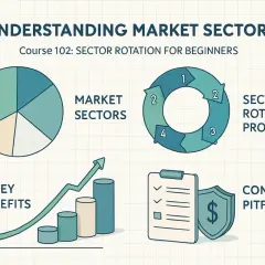 Visual guide to understanding market sectors, including a pie chart, sector rotation process, key benefits graph, and common pitfalls.
