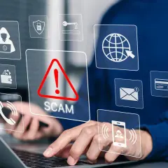 Rachel Wilson at Morgan Stanley is wary of online scams, as indicated by the prominent "SCAM" alert and icons for security, shopping, and communication.