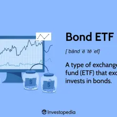 Illustration defining Bond ETF, showing a graph on a monitor and jars of coins, representing investments in bonds.
