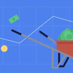 A wheelbarrow full of cash and coins on a graph, illustrating how dividends are taxed.