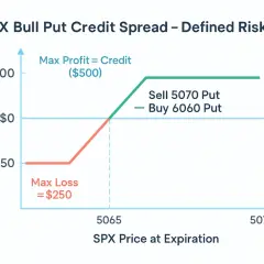 SPX Bull Put Credit Spread graph showing max profit of $500 and max loss of $250, achieved by selling a 5070 Put and buying a 6060 Put.
