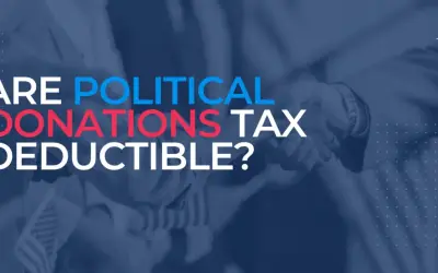 Text overlay asks: ARE POLITICAL DONATIONS TAX DEDUCTIBLE? Blurred background shows two people shaking hands.