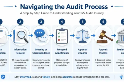 Infographic details the 7 steps of an IRS audit, from initial notification to settlement or court. Understanding what is an IRS audit is key to navigating this process.