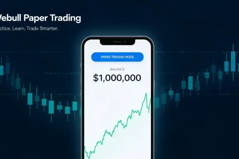 Webull Paper Trading app on a phone shows a $1,000,000 balance. This is how to practice what is paper trading without real money.