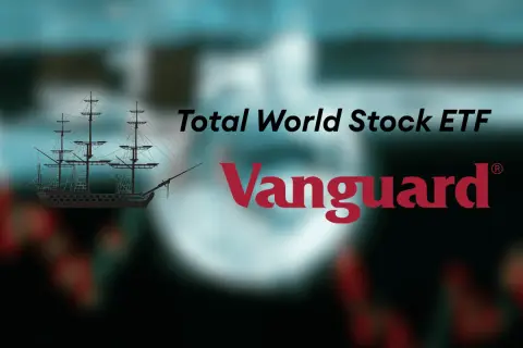 A silhouette of a tall ship sails across a blurred background, with "Total World Stock ETF" and the Vanguard logo.