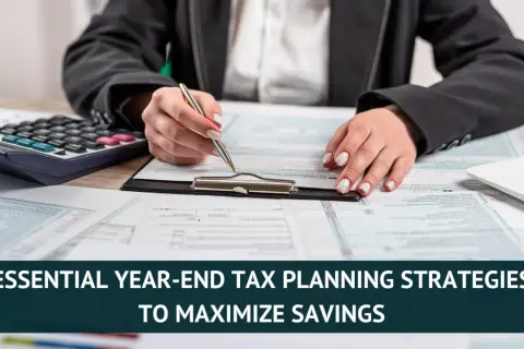 Hands reviewing tax forms with a calculator and laptop, emphasizing year-end tax planning for maximum savings.