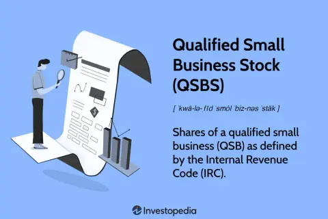 Illustration of a person examining a document about qualified small business stock (QSBS), with charts and a dollar sign.