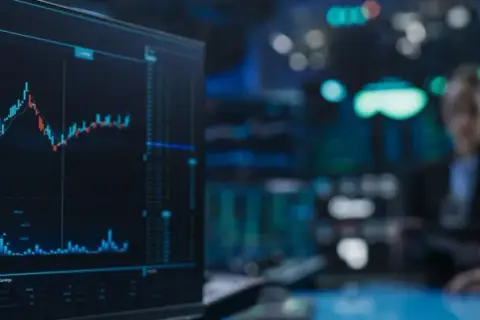 A stock market graph on a screen, with two blurred figures in suits in the background, possibly discussing a Morgan Stanley IPO.