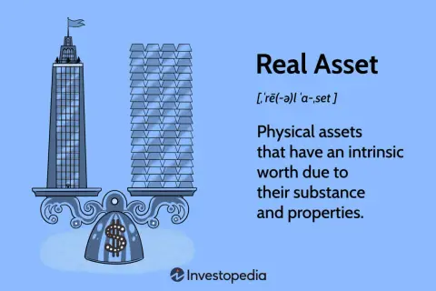 A scale balances two buildings, representing a real asset investment. A dollar sign is on the scale's base.