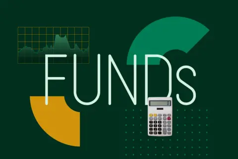 A calculator and a stock chart are shown next to the word "FUNDS," symbolizing investment and financial planning for your vo etf.
