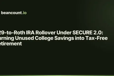 Beancount.io logo and text about 529-to-Roth IRA rollover under SECURE 2.0, turning unused college savings into tax-free retirement.