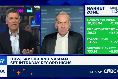 Andrew Slimmon discusses market highs on CNBC, with stock tickers like Palo Alto Networks and Palantir showing significant gains.