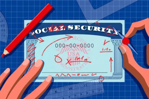 Hands and drafting tools surround a Social Security card, suggesting planning for savers credit.