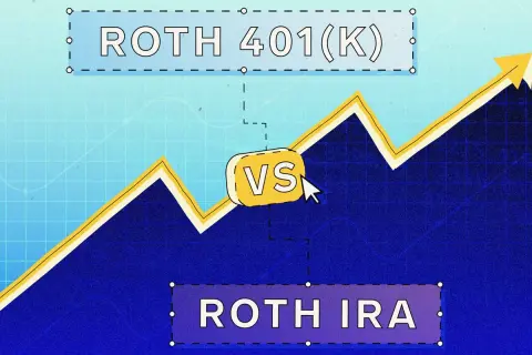 Comparing Roth 401(k) vs. Roth IRA. A rising graph shows growth potential for both retirement savings options.
