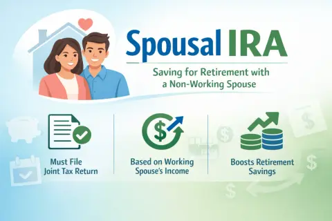 Illustration of a couple and the Spousal IRA concept, highlighting joint tax returns, income reliance, and boosted retirement savings.