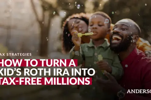 A family enjoys blowing bubbles, with text overlaying the image: "How to Turn a Kid's Roth IRA into Tax-Free Millions.