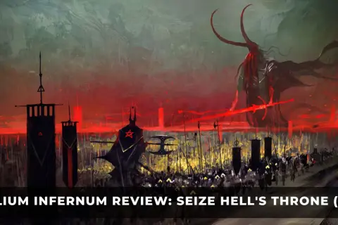 A demonic army marches under a blood-red sky in Solium Inc. infernum. A towering demon with horns leads the charge.