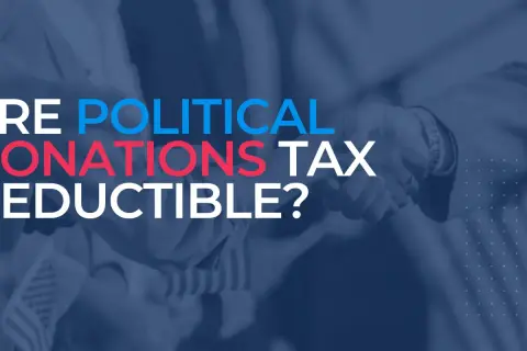 Text overlay asks: ARE POLITICAL DONATIONS TAX DEDUCTIBLE? Blurred background shows two people shaking hands.