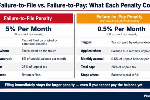 Failure-to-file penalty is 5% per month of unpaid tax owed, even if you don't owe anything. Filing stops the larger penalty.